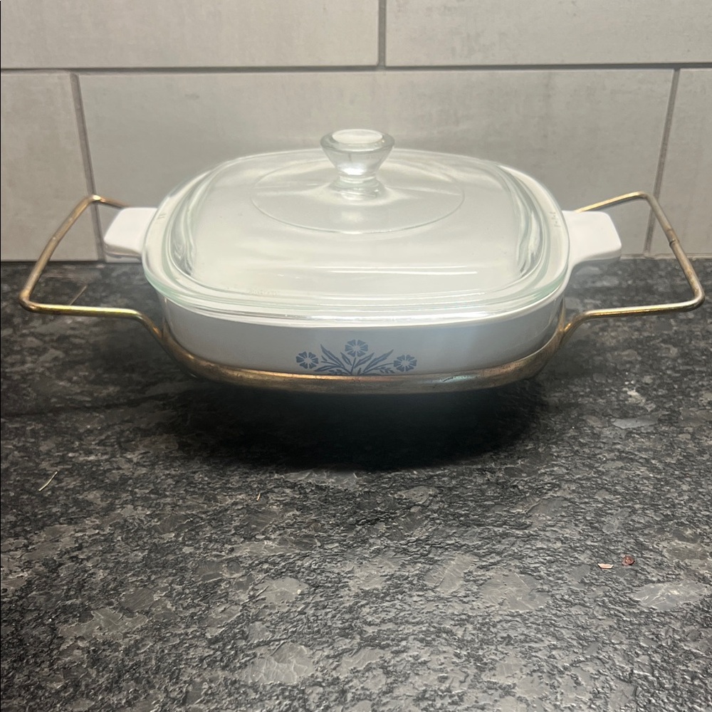 Vintage 7”  Cornflower Corningware Casserole Dish with Gold Handled holder & lid